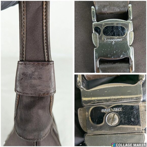 FERRAGAMO Vara Bow Solid Knit Nylon Designer Formal Medium Brown Hobo Charm BAG - Picture 11 of 16